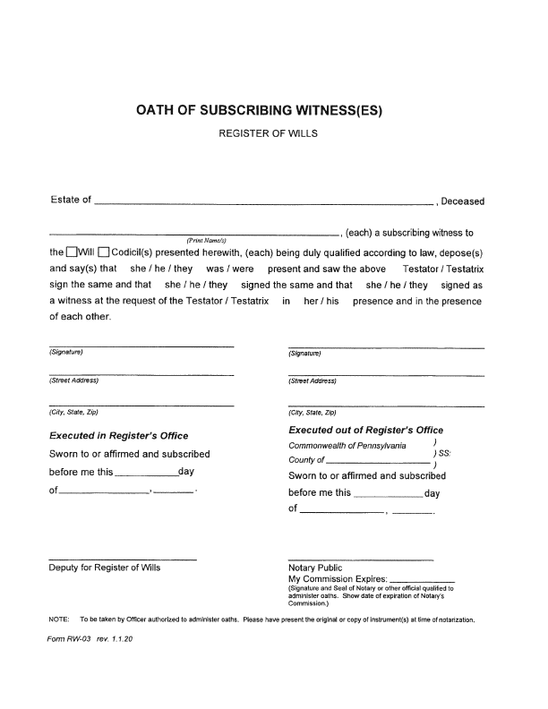 OATH OF SUBSCRIBING WITNESS(ES)