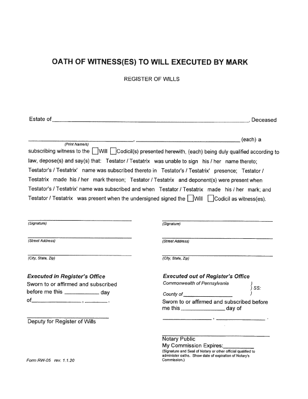 OATH OF WITHNESS(ES) TO WILL EXECUTED BY MARK